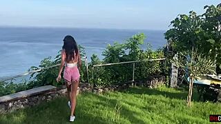 I caught this naughty skinny brunette riding me outdoors by the beach—creampie spooning with sea view!