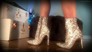 Goddess mesmerizes bdsm slave with sparkle boots ass worship legs