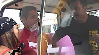 pornstars convince hot gas station brunette to join their car orgy for hardcore shemale anal pounding