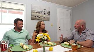 stepmom sneaks in to seduce stepson's big cock while clueless stepdad chats on work call