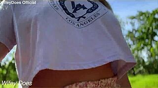 wifey flashes big tits braless outdoors