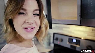 evelin bends over kitchen counter for monster cock doggystyle deepthroat handjob ball licking pov brunette babe