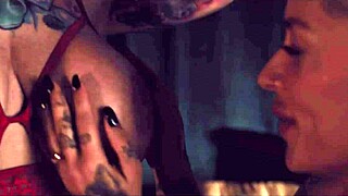 two tattooed curvy bisexuals lick oiled asses and slam bbc strapon deep