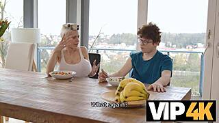 kinky european blonde milf mother-in-law in stockings and fake tits fucks tattooed partner