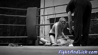 naked tattooed European lesbians grapple wildly in boxing ring catfight