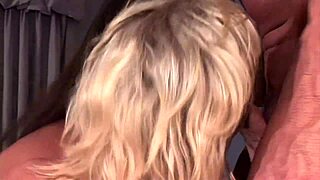 two busty sluts kneel sharing a huge white cock between their massive tits before rough titty fucks and creampies