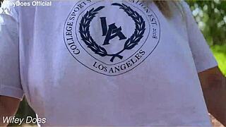 wifey flashes big tits braless outdoors