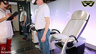 nurse doctor uses electricity bdsm cage heels to cure bound patient's hard cock