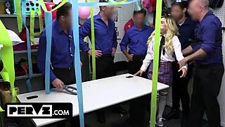 feisty blondes, ready for public police gangbang punishment backstage?