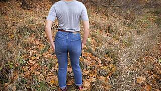 Milf Bends Over In Tight Blue Jeans Teasing Her Juicy Ass Outdoors