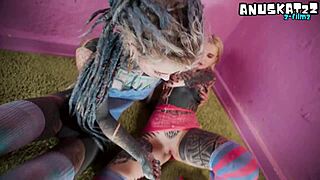 Alt Inked Punk Lesbians Tease with Strapon Fucking Shaved Pussy and Pierced Nipples