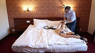 What if Sofi squirms in hotel belt bondage?