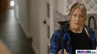 asian coed lulu chu tempts old babysitter electra rayne into steamy girl-on-girl scissoring session.