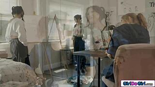 asian coed lulu chu tempts old babysitter electra rayne into steamy girl-on-girl scissoring session.