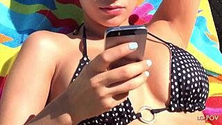 tired brunette lets roomie lick her trimmed pussy after trip