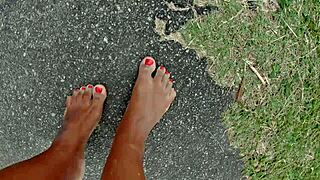barefoot african beauty dirties feet walking streets and beach for public fetish
