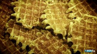 Kinky blonde milf skips dinner for hard cock pounding over kitchen desk doggystyle.