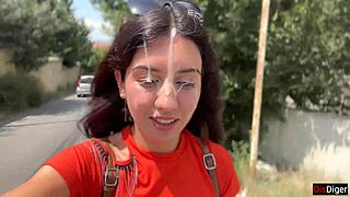 Hey, ever seen a wild girl sneak off into the bushes for some risky outdoor fun and a big messy finish walk?