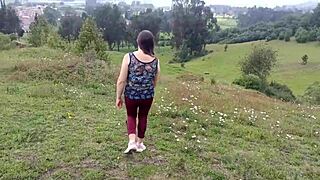 Amateur stepmom flashes huge pussy lips to stepson in forest then lets him grope tits and ass