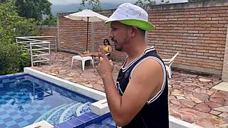pregnant latina milf deepthroats horny pool boy outdoors while hubby's away