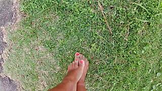 barefoot african beauty dirties feet walking streets and beach for public fetish