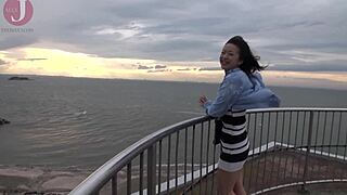 Tall Japanese beauty rides cock wildly after nasty blowjob and fingering in gonzo action