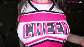 cheerleader stripper in heels drains client's pole with tight pussy ride and creampie in vip