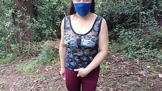 Amateur stepmom flashes huge pussy lips to stepson in forest then lets him grope tits and ass