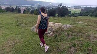 Amateur stepmom flashes huge pussy lips to stepson in forest then lets him grope tits and ass