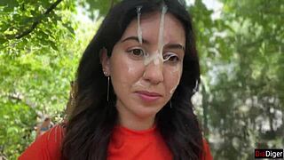 Hey, ever seen a wild girl sneak off into the bushes for some risky outdoor fun and a big messy finish walk?