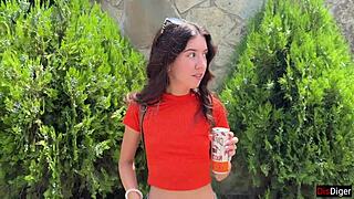 Hey, ever seen a wild girl sneak off into the bushes for some risky outdoor fun and a big messy finish walk?