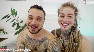 tattooed slut takes huge cock in all holes for dp then cum drips from anal gape