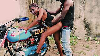 petite biker girl stands fucking her man on bike in garage