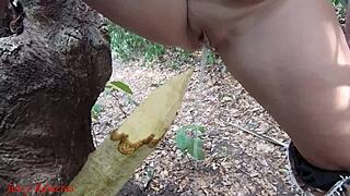 Perverted BBW Slut Squirts Piss On Forest Stake