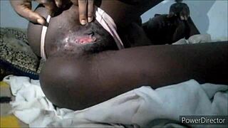 Slim black amateur gets small tits sucked while spreading tight pussy and asshole wide open