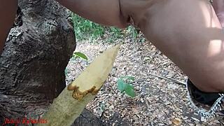 Perverted BBW Slut Squirts Piss On Forest Stake