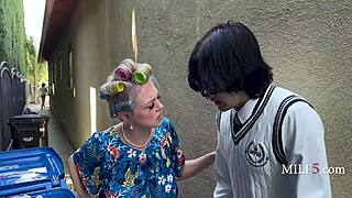 Gym Asian milf cougar grabs young stud's hardon milks big tits curvy ass shaved pussy waste not