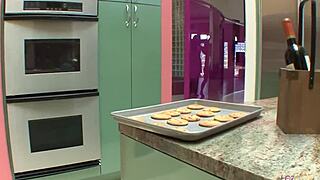 brunette licks blonde's shaved pussy on kitchen counter then couch fingering