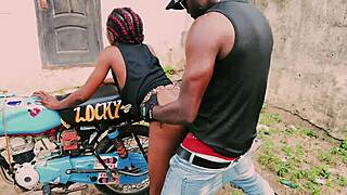 petite biker girl stands fucking her man on bike in garage