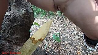 Perverted BBW Slut Squirts Piss On Forest Stake