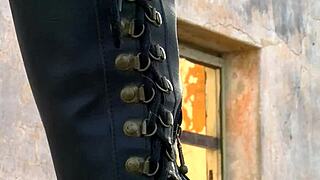 Petite brunette teen fingers hairy pussy clit outdoors in abandoned car