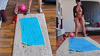 curvy milf gets naked during yoga workout spreading big ass