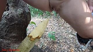 Perverted BBW Slut Squirts Piss On Forest Stake