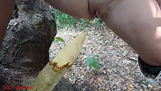 Perverted BBW Slut Squirts Piss On Forest Stake