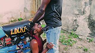 petite biker girl stands fucking her man on bike in garage