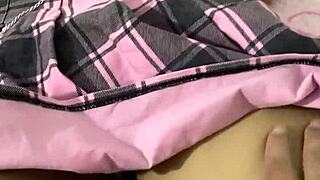 Skinny 18yo college latina in miniskirt flashes perfect tits begs master for public anal riding