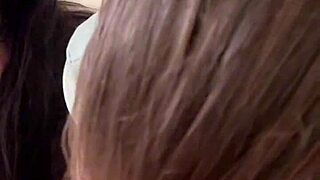 blonde teen and brunette milf start with double blowjob then rimjob and cum swap in pov threesome