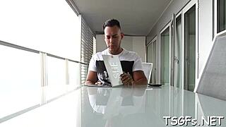 transsexual rhythmically bounces atop partner's erection in close view