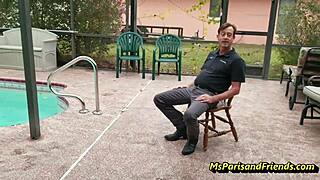 blonde stripper teases with ripped stockings and shaved pussy lap dance