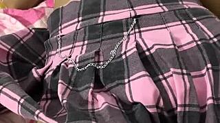 Skinny 18yo college latina in miniskirt flashes perfect tits begs master for public anal riding